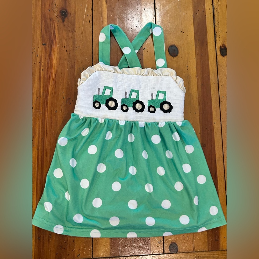 Green Polka Dot Girls' Tractor Sundress